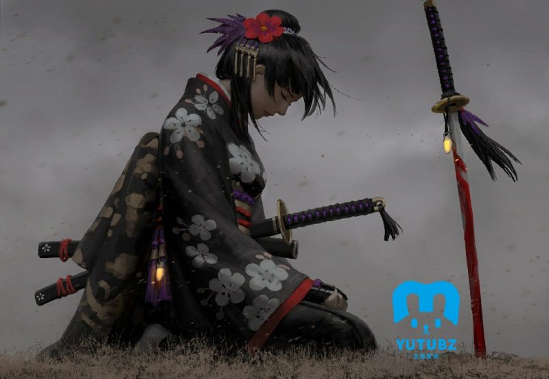 女武士跪坐在草地上高清壁-玉兔4K壁纸！