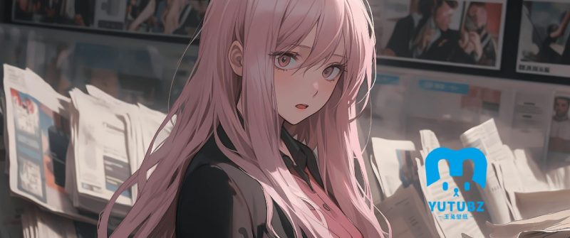 报纸墙_粉色长发动漫女孩 带鱼屏壁纸-玉兔4K壁纸！