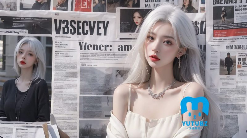 报纸墙白发美女-玉兔4K壁纸！