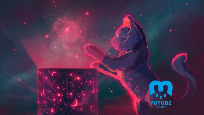 小猫幻想艺术星星红色-玉兔4K壁纸！