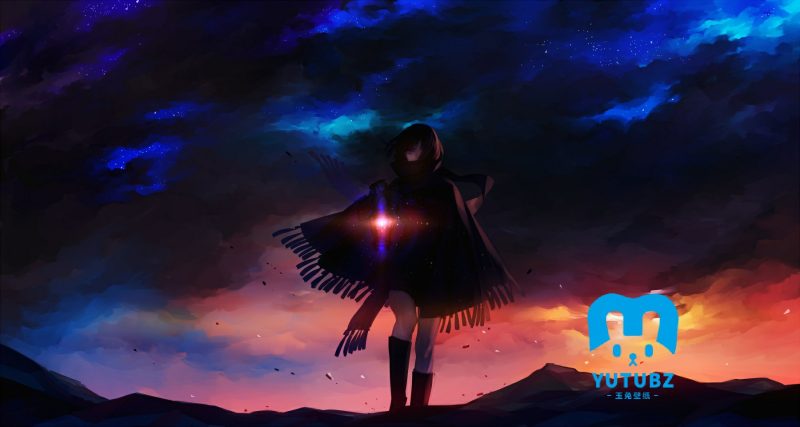 动漫美女紫色眼睛黑色头发日落傍晚晚霞-玉兔4K壁纸！