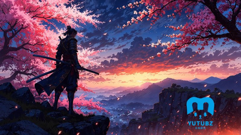 铠甲武士，樱花，山谷，天空，绚丽云彩，AI美图桌面壁纸-玉兔4K壁纸！