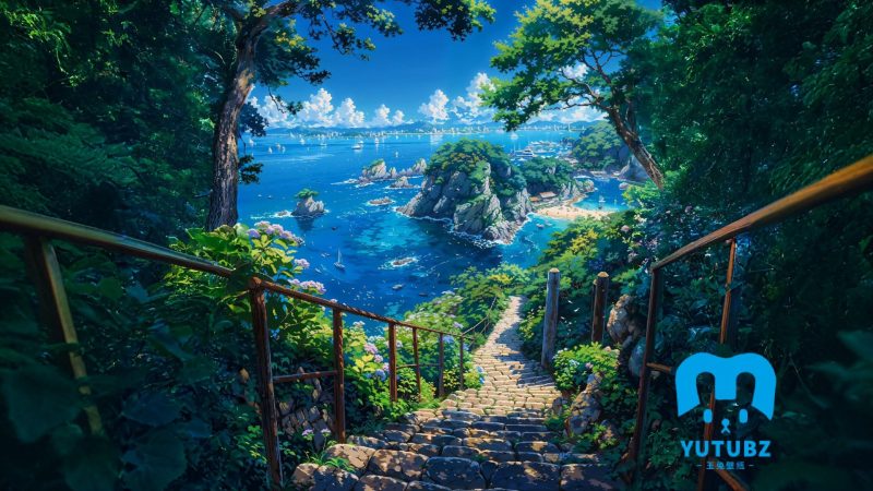 海边，大海，海岛，沿海台阶，扶手，石板路，树木，唯美海边-玉兔4K壁纸！