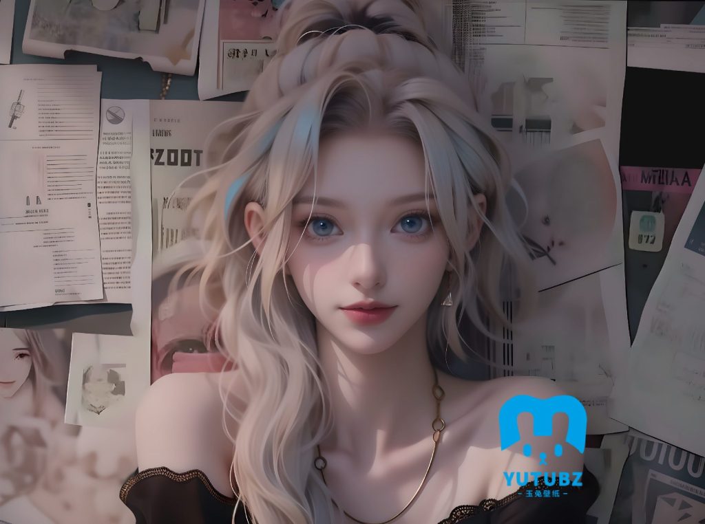 报纸墙长卷发大波浪美女-玉兔4K壁纸！