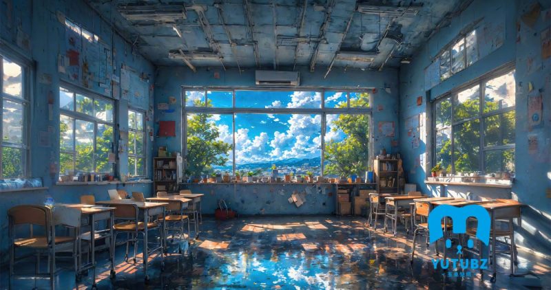 宽敞明亮的教室，书桌，倒影，窗户，蓝天，盆栽，AI动漫美图壁纸-玉兔4K壁纸！