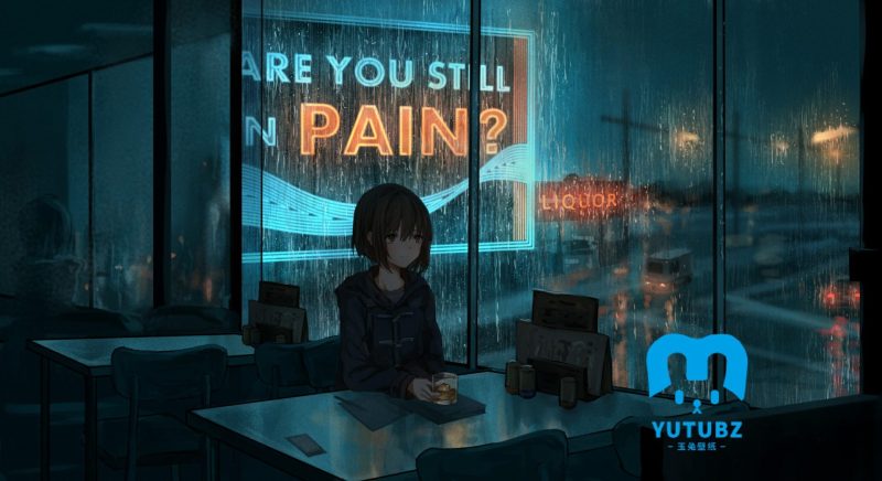 catzz夜晚动漫女孩城市餐厅窗边-玉兔4K壁纸！