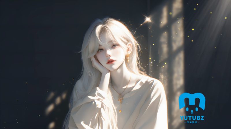 阳光下，托着腮的白色头发优雅AI美女高清桌面壁纸-玉兔4K壁纸！