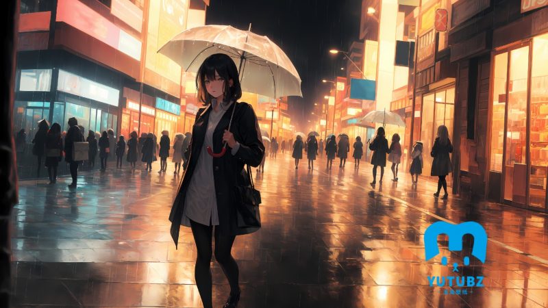 雨天步行街动漫女孩-玉兔4K壁纸！