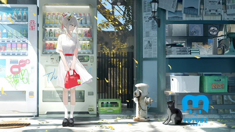 站着自动贩卖机前，狐狸耳朵白裙少女和路边的小黑猫清新插画壁纸-玉兔4K壁纸！