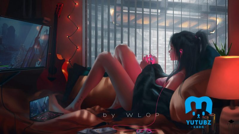 坐在床上玩ps5手柄游戏的动漫美腿美女插画壁纸-玉兔4K壁纸！