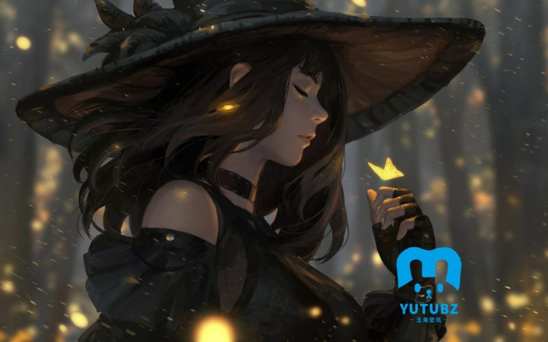 女孩少女闭眼帽子蝴蝶唯美4k动漫壁纸-玉兔4K壁纸！