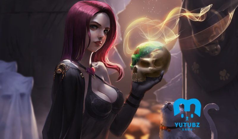 女巫美女黑裙子红头发骷髅头猫万圣节6k壁纸-玉兔4K壁纸！
