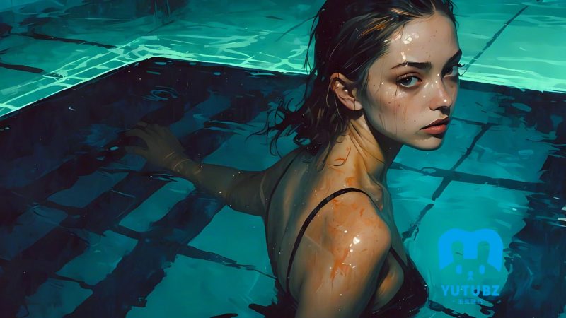 泳池美女，穿着黑色吊带比基尼的外国泳池AI美女壁纸图片-玉兔4K壁纸！