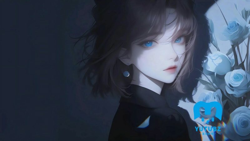 短发，蓝色眼睛AI女生和蓝色玫瑰唯美壁纸-玉兔4K壁纸！