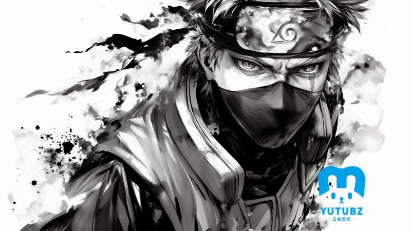 卡卡西，水墨风，日本漫画《火影忍者》旗木卡卡西桌面黑白插画壁纸-玉兔4K壁纸！