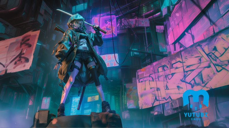 俯瞰视觉，手握单刀，身着皮衣短裤的酷飒动漫女孩-玉兔4K壁纸！