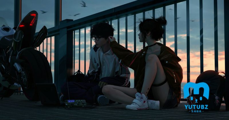 海边浪漫情侣，坐在护栏前地板上的年轻情侣共享耳机音乐浪漫插画-玉兔4K壁纸！