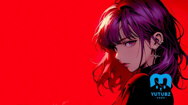 红色背景前，戴着耳环，耳钉的紫色头发动漫美女侧颜壁纸-玉兔4K壁纸！