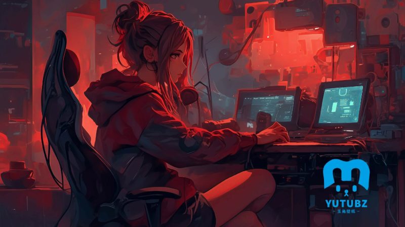红色灯光，电脑房，坐在电脑桌前的丸子头发型AI美少女-玉兔4K壁纸！