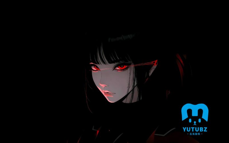 红色眼睛高冷个性动漫美女简约黑色背景-玉兔4K壁纸！