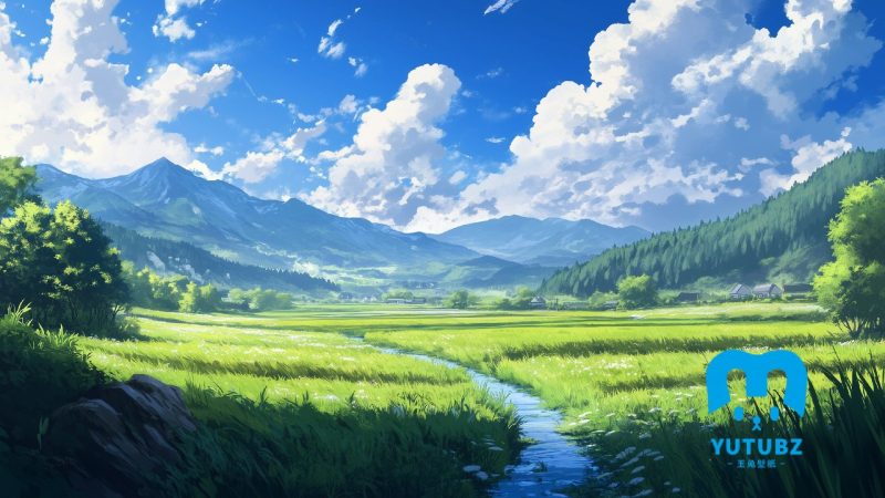 春分，碧绿，春天，田野，山峰，天空，白云，水渠，唯美乡村插画-玉兔4K壁纸！