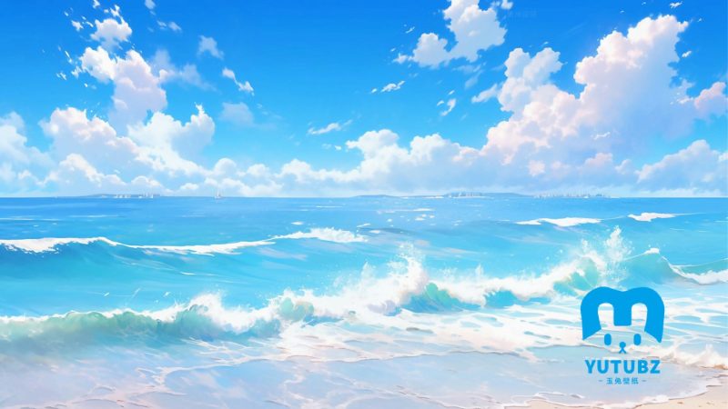 大海，蓝天，白云，海浪，唯美海边风景插画-玉兔4K壁纸！