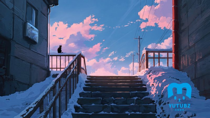 静静蹲坐在，积雪覆盖栏杆上的黑猫日系风格动漫插画-玉兔4K壁纸！