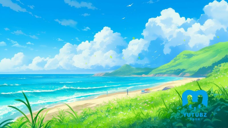 蓝天，大海，绿色的山坡，唯美海边景色插画-玉兔4K壁纸！