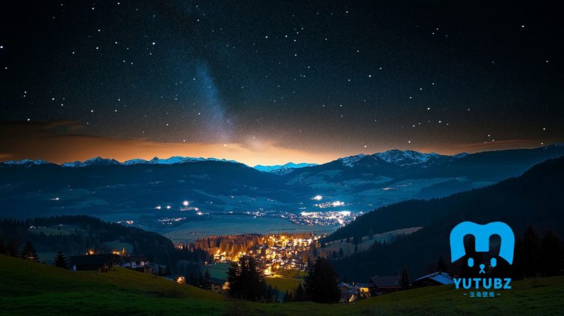 山间，夜景，繁星，山脚下的山谷间散布的灯火，城镇，唯美风景静谧-玉兔4K壁纸！