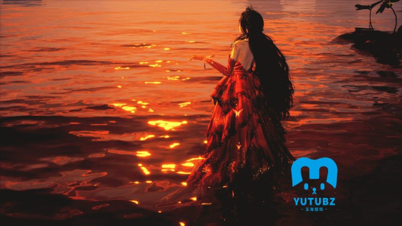 夕阳-水边-波光水面-玉兔4K壁纸！