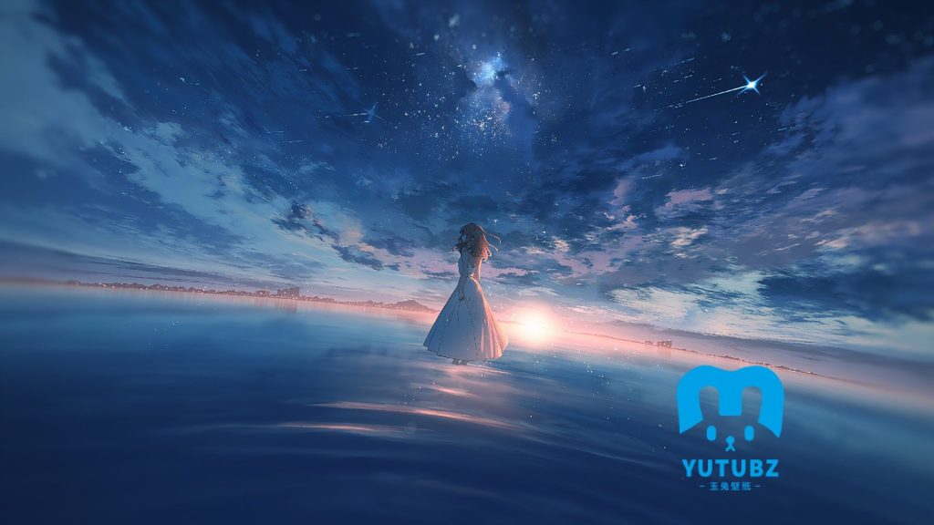 站在水面上，夕阳余晖交映，凝望天空繁星、流星的动漫少女-玉兔4K壁纸！