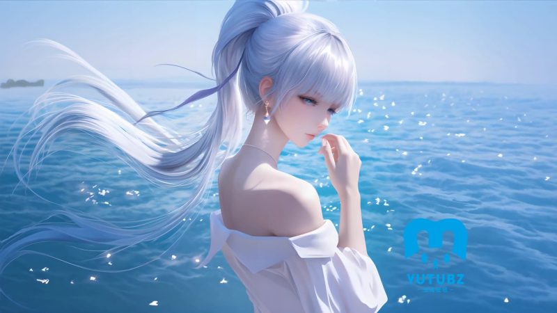 动漫插画-女孩-海边-玉兔4K壁纸！