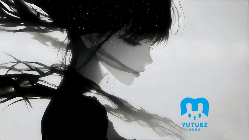 黑、白、灰为主色调的动漫美女侧颜插画氛围感壁纸-玉兔4K壁纸！