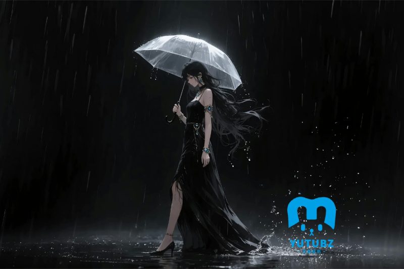 雨夜黑色裙子美女-玉兔4K壁纸！