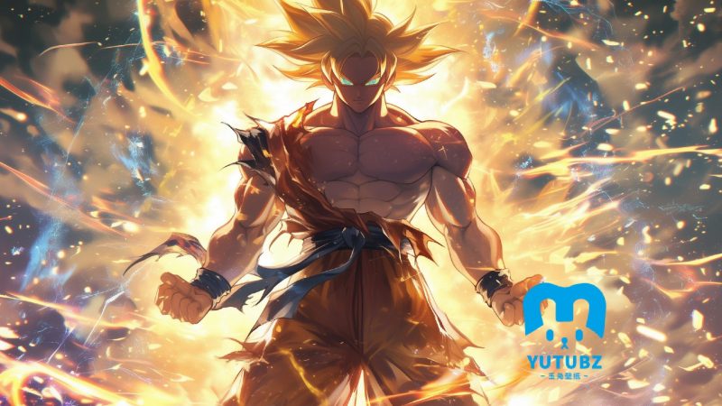 龙珠，悟空，双手摊开，攥着拳头的悟空炸裂特效AI壁纸-玉兔4K壁纸！