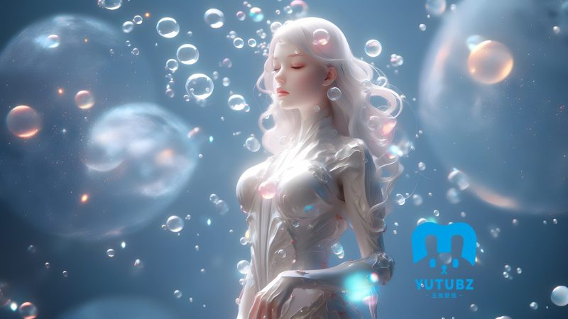 被泡泡环绕的紧身衣AI白发美女高清桌面壁纸-玉兔4K壁纸！