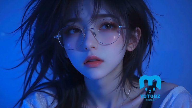 戴眼镜美女人物_蓝色背景-玉兔4K壁纸！